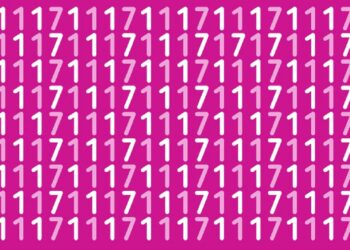 Teste visual com vários números 1 e apenas alguns números 7 misturados em fundo rosa.