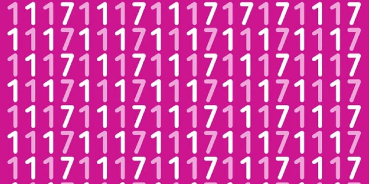 Teste visual com vários números 1 e apenas alguns números 7 misturados em fundo rosa.