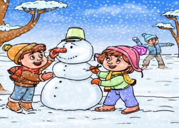 Teste visual com duas crianças montam um boneco de neve enquanto outra joga bola de neve ao fundo em um dia nevado.