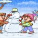 Teste visual com duas crianças montam um boneco de neve enquanto outra joga bola de neve ao fundo em um dia nevado.