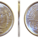 Moeda de 1 centavo do ano de 1994, cunhada em aço inoxidável, vista de frente, de lado e de costas.