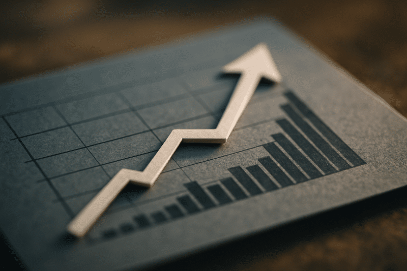 Gráfico financeiro com barras e seta indicando crescimento, uma referência a taxa selic.