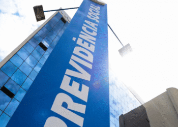 Imagem de um prédio com uma faixa azul contendo o texto "Previdência Social".