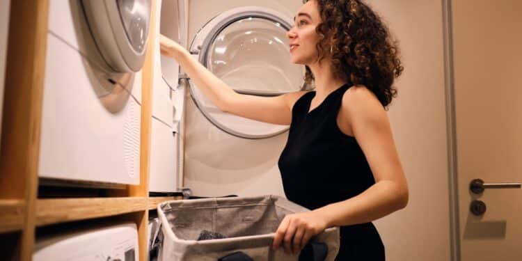 Mulher segurando sacola de lavagem próxima à máquina de lavar roupas moderna
