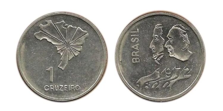 Anverso e reverso da moeda de 1 Cruzeiro brasileira do ano de 1972, emitida para celebrar o sesquicentenário da independência, altamente valorizada por colecionadores.