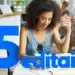 Mulher lendo e tomando café, com texto azul escrito "5 editais" em destaque
