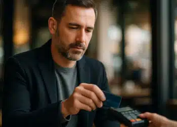 Homem adulto com barba paga compra com cartão em máquina de cartão para fazer pagamento.