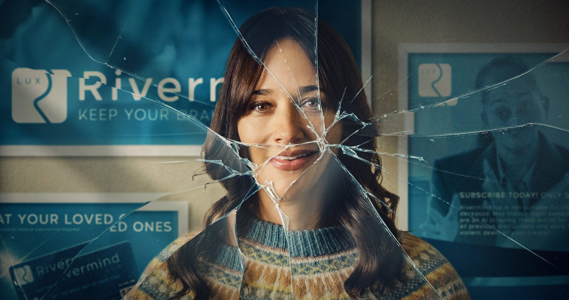 Cartaz da série "Black Mirror", mostrando uma mulher com o rosto rachado como um vidro quebrado, simbolizando os temas tecnológicos da série.