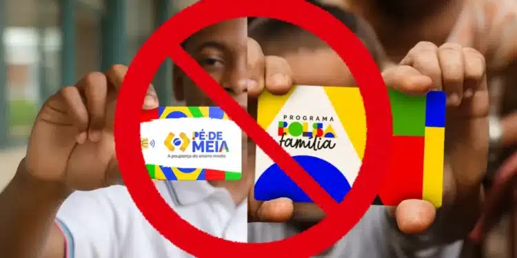 Cartões do programa Pé-de-Meia e Bolsa Família com símbolo de proibição, indicando a suspensão em caso de agressão contra professores.