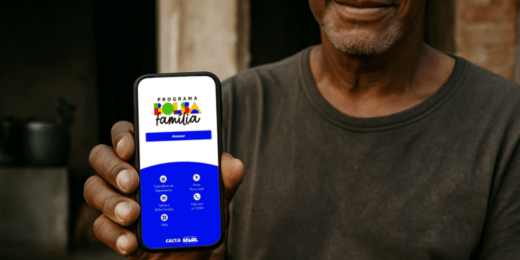 Pessoa com um smartphone mostrando o aplicativo do Programa Bolsa Família, com interface visível em tela, e sorrindo.