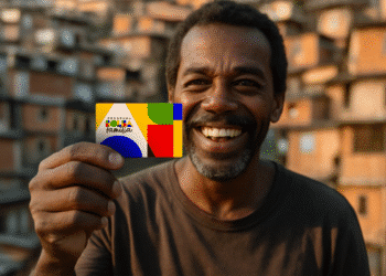 Homem sorrindo e exibindo o cartão do Bolsa Família em uma comunidade. O cartão colorido é o foco da imagem.