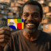 Homem sorrindo e exibindo o cartão do Bolsa Família em uma comunidade. O cartão colorido é o foco da imagem.