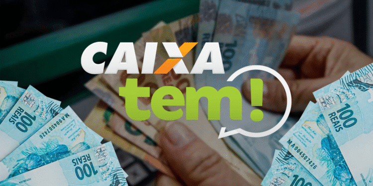 Imagem do Caixa Tem com destaque para cédulas de 100 reais e o logotipo do aplicativo. Informação sobre depósitos de até R$ 2.800 programados para 25/09 para CPFs com final 0 a 9.