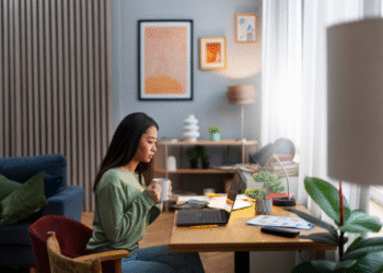 Mulher trabalhando em casa, representando o home office.
