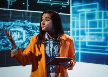 Mulher em uma apresentação, gesticulando enquanto fala sobre a evolução da Inteligência Artificial em um painel digital.