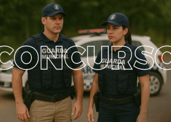Dois guardas municipais, um homem e uma mulher, uniformizados e com coletes de proteção, em pé na frente de uma viatura, com a palavra "CONCURSO" em destaque.