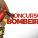 Bombeiro segurando extintor de incêndio vermelho com uniforme e texto Concurso Bombeiro ao lado