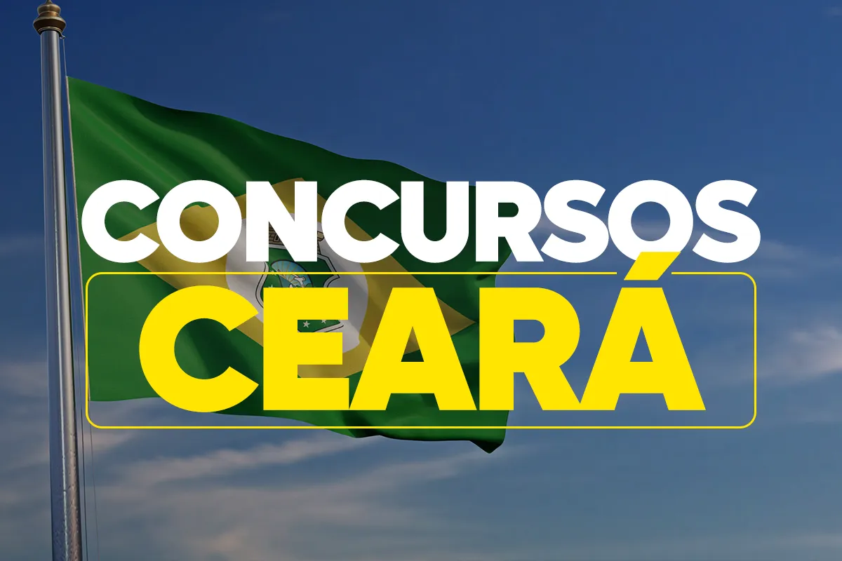 Bandeira do Ceará em frente a um céu azul com nuvens. As palavras "Concursos Ceará" estão em destaque na imagem, indicando um processo seletivo no estado.