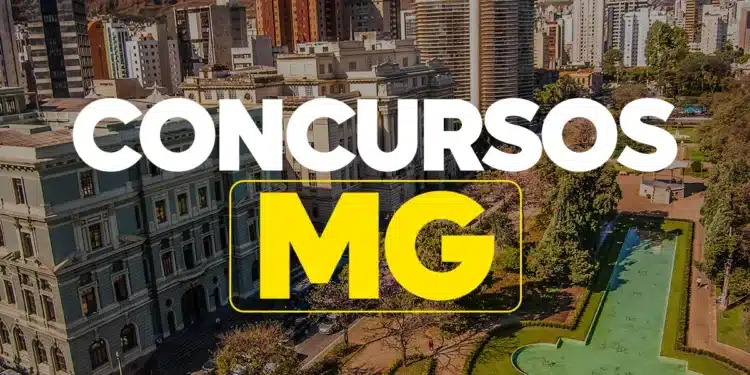 Vista aérea da cidade de Minas Gerais com texto concursos MG em destaque no centro da imagem.
