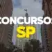 Edifícios icônicos de São Paulo com texto destacando concursos públicos SP em amarelo e branco.