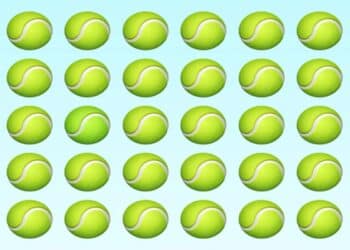 Desafio Visual com uma imagem mostrando várias bolas de tênis verdes organizadas em linhas e colunas sobre fundo azul claro.