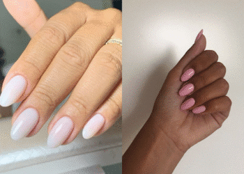 Mãos com unhas pintadas em diferentes tons de esmalte, mostrando a tendência de cores neutras e delicadas.