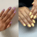 Duas mãos com unhas pintadas em tons pastel, uma com esmalte lilás e outra com esmalte amarelo claro.