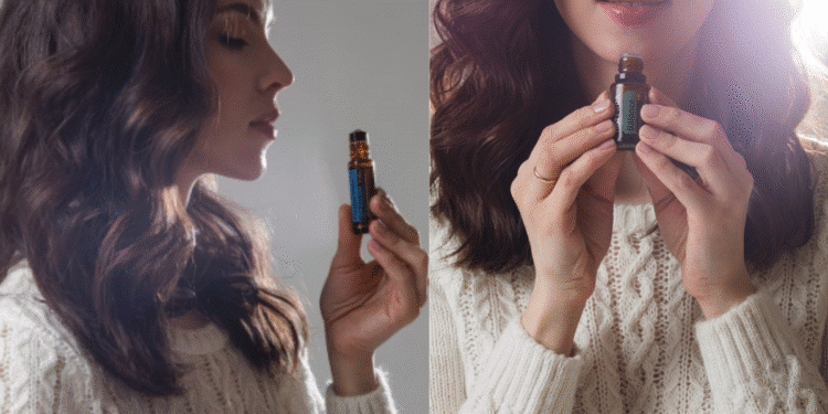 Uma mulher com um suéter de lã branco segura um pequeno frasco de óleo essencial em duas poses: em uma, ela observa o frasco de lado; na outra, o exibe à frente do rosto, representando a profissão de testador de aromas.