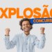 Homem comemorando com os punhos cerrados e um grande sorriso, ao lado da frase "Explosão de Concursos", representando as novas oportunidades de concursos.