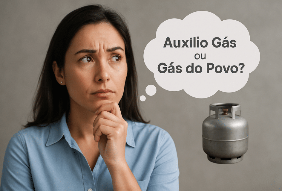 Mulher pensativa questionando sobre o auxílio gás ou gás do povo, com imagem de um botijão de gás