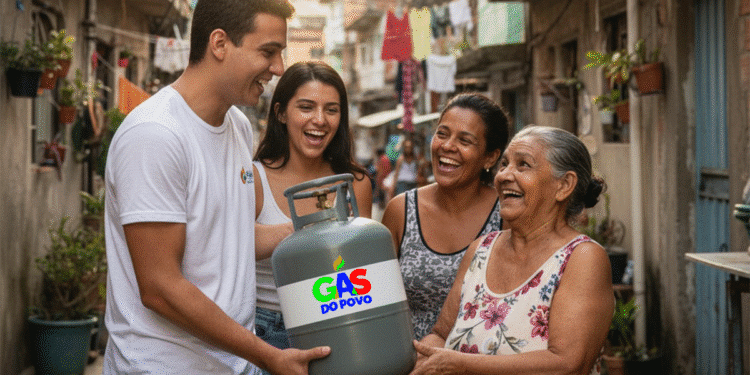 Família brasileira recebendo botijão de gás em comunidade carente, representando o programa Gás do Povo