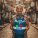Senhora sorridente segura botijão azul do programa Gás do Povo em comunidade brasileira.