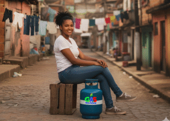 jovem sorrindo sentada em um caixote com um botijão de gás do programa Gás do Povo