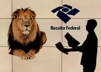 Leão representando a Receita Federal e proposta de desconto no Imposto de Renda para quem ganha entre R$ 5.001 e R$ 7.350.