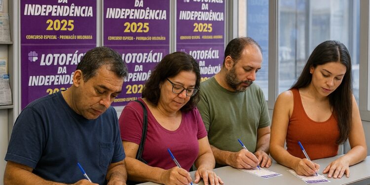 Quatro pessoas concentradas preenchendo seus bilhetes da Lotofácil da Independência 2025 em um balcão