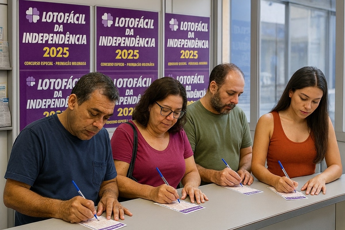 Quatro pessoas concentradas preenchendo seus bilhetes da Lotofácil da Independência 2025 em um balcão