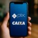 Tela de smartphone mostrando os logotipos do Pix e CAIXA, relacionado ao pagamento de valores do programa social