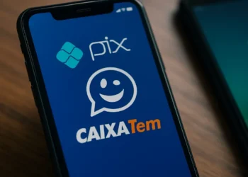 Tela de smartphone mostrando os ícones do PIX e Caixa Tem, com a interface azul do Caixa Tem visível.