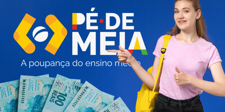 Estudante com mochila e notas de 100 reais, apontando para o logo do programa Pé-de-Meia. A imagem representa os pagamentos e valores do programa.