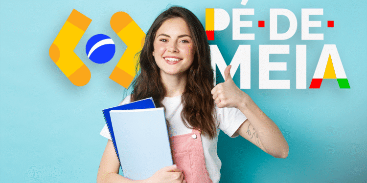 Jovem estudante sorrindo com materiais escolares e símbolo do programa Pé-de-Meia, representando beneficiários do calendário de pagamentos 2025