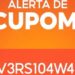 Banner promocional laranja vibrante com ícone de sino alertando para cupom código L0V3RS104W4RD disponível