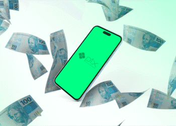 Celular exibindo aplicativo Pix com notas de 100 reais voando ao redor, simbolizando transferências rápidas e seguras.