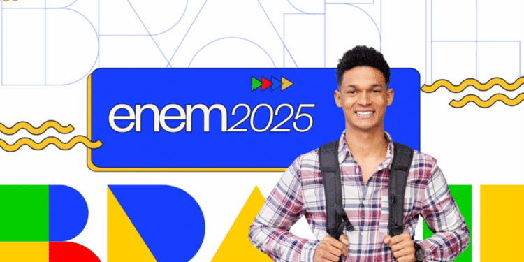 Jovem sorridente de camisa xadrez com mochila e logo Enem 2025 com palavra Brasil em cores vibrantes