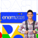 Jovem sorridente de camisa xadrez com mochila e logo Enem 2025 com palavra Brasil em cores vibrantes