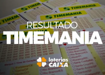 Bilhetes da Timemania com destaque para o resultado do concurso e logo das Loterias Caixa