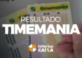 Bilhetes da Timemania com destaque para o resultado do concurso e logo das Loterias Caixa