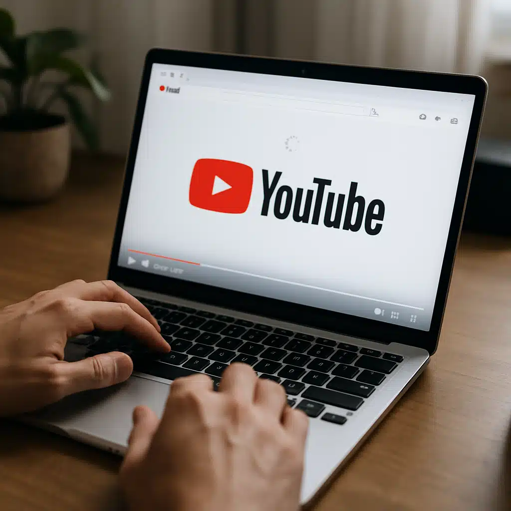 A frustração de vídeo do YouTube carregando. Tela de notebook mostrando o ícone de carregamento do YouTube, simbolizando uma conexão de internet lenta.