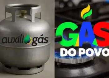 Imagem comparando os logos do Auxílio Gás e Gás do Povo, com cilindro de gás à esquerda e fogão à direita.
