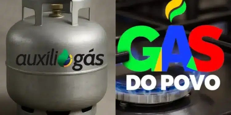 Imagem comparando os logos do Auxílio Gás e Gás do Povo, com cilindro de gás à esquerda e fogão à direita.