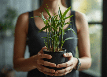 Mulher vestindo regata preta segurando um vaso preto com planta bambu da sorte em ambiente interno